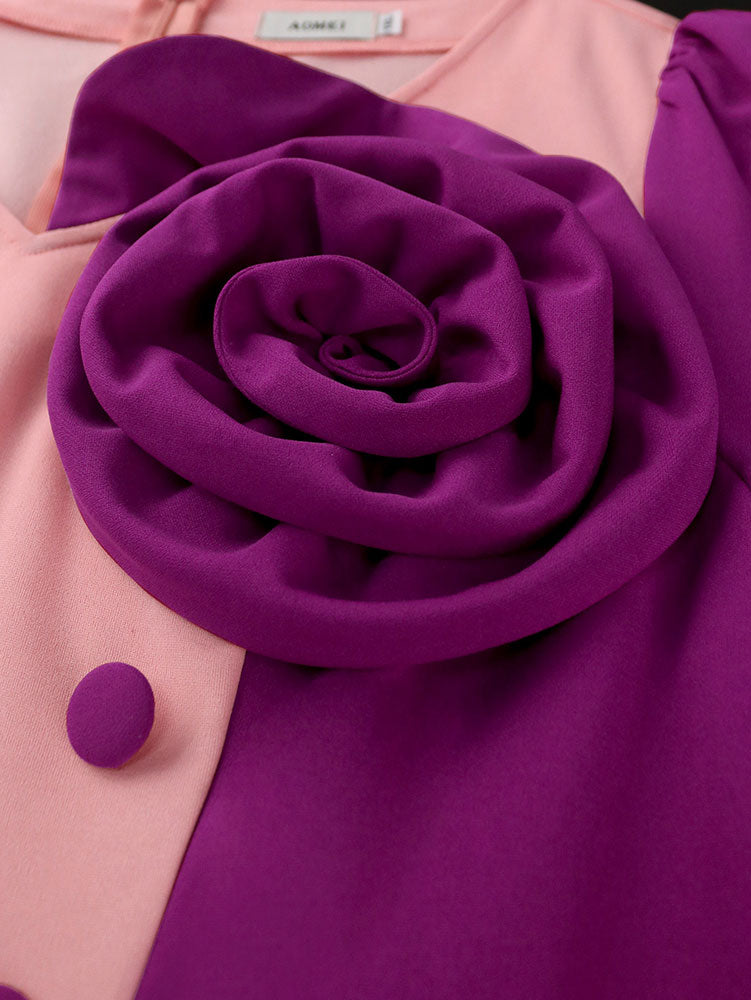 AOMEIDRESS Bodycon Colorblock Party Dress With 3D Flower Long Sleeve