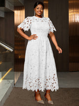 AOMEIDRESS Elegant A Line Lace Dress O Neck Hollow Out Short Sleeves
