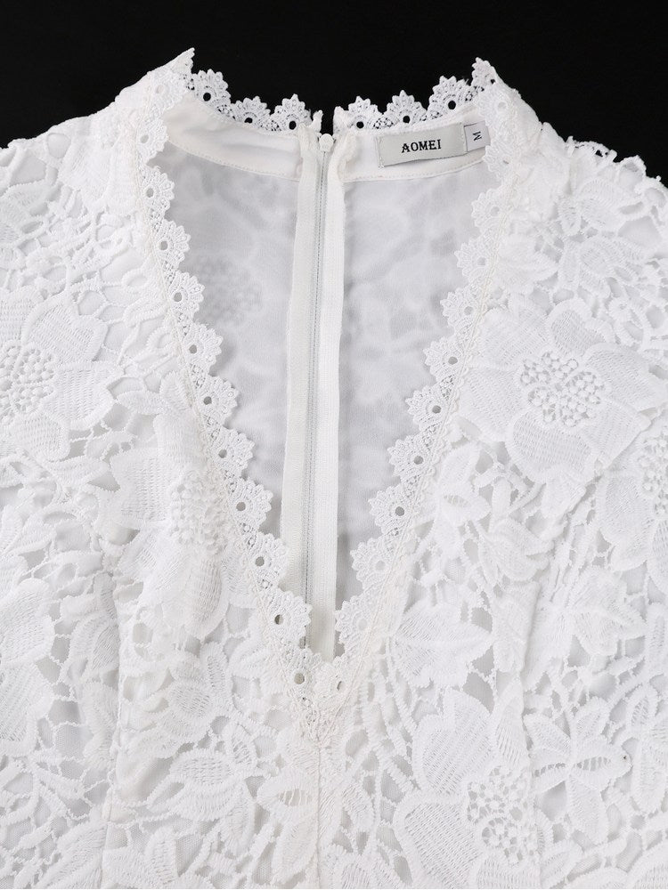 AOMEIDRESS Lace Midi A-line Dress V Neck Short Sleeve Wedding Party