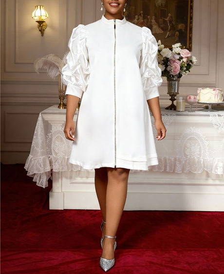 AOMEIDRESS Elegant A Line Mini Dress Folds Puff Sleeves Front Zipper White / S