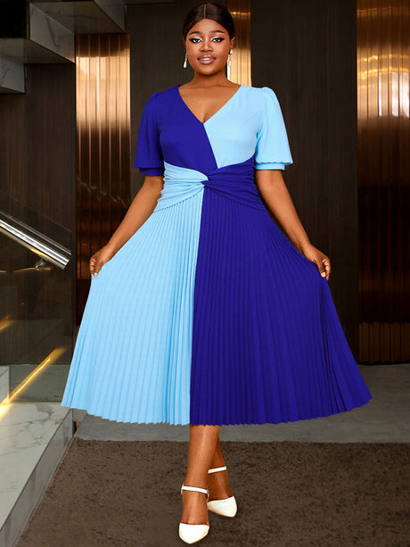 AOMEIDRESS A Line Pleated Dress V Neck Colorblock Casual Party Outfit Blue / S