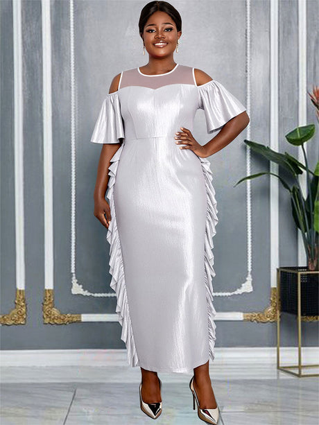 AOMEIDRESS Silver Off Shoulder Bodycon Dress O Neck Ruffles Gowns Silver / L