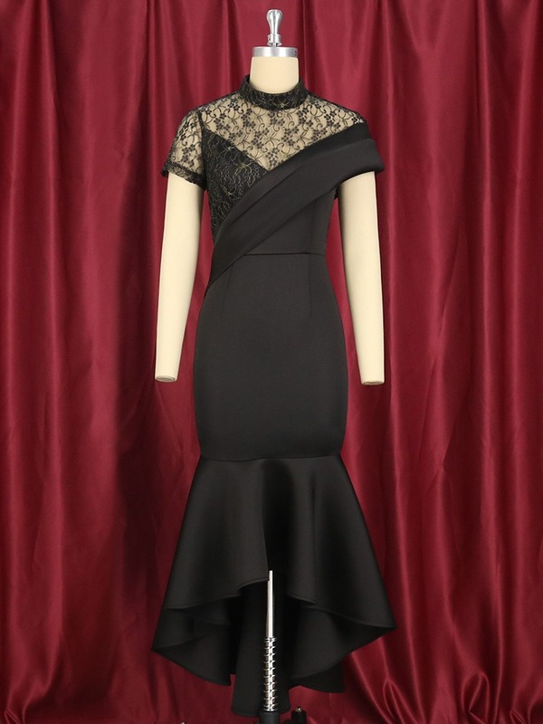Lace Patchwork Sheer Sleeves Black Mermaid Long Dress Black / S