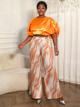 AOMEIDRESS Elegant Set Satin Puff Sleeve Top Wide Leg Pants for Party