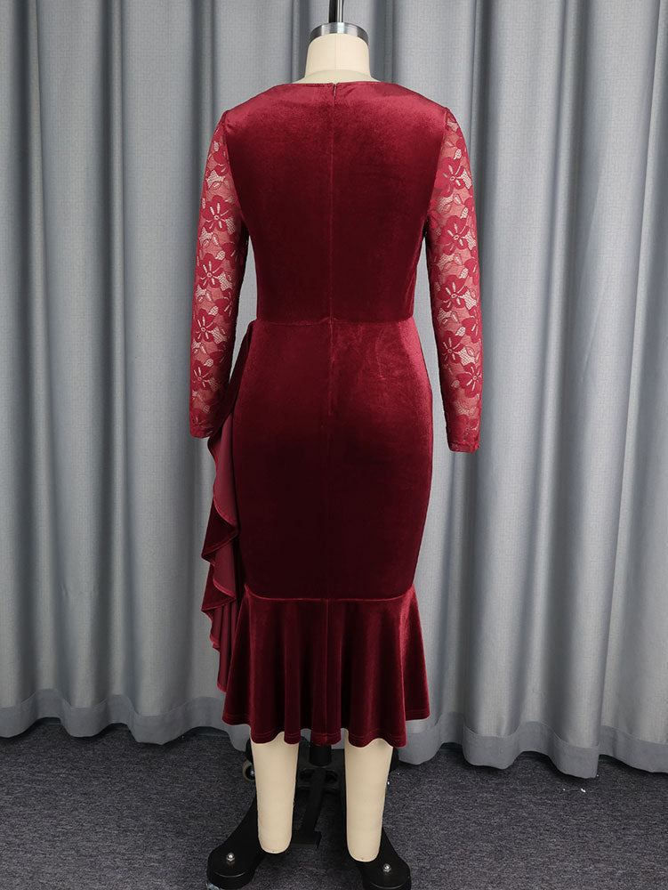 AOMEIDRESS Velvet Mermaid Dress Sweetheart Neck Lace Sleeves Ruffles