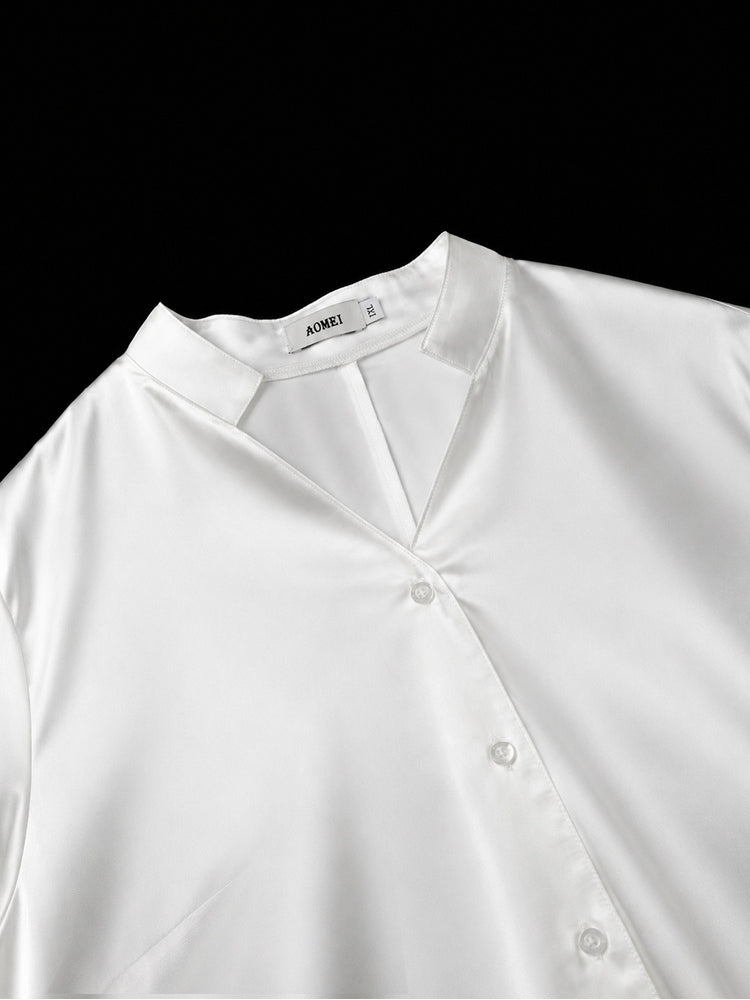 AOMEIDRESS Elegant Women Shirt Dress Short Sleeve Satin Spliced Lace