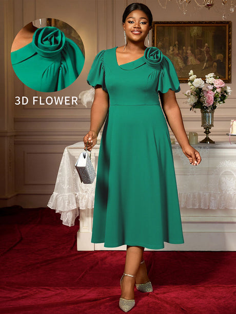 AOMEIDRESS Green A Line Church Dress 3D Floral Shoulder Causal Wear