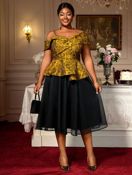 AOMEIDRESS Two Piece Set Jacquard Off Shoulder Tops With A Line Skirt Yellow / S