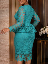 AOMEIDRESS Bodycon Lace Dress O Neck Long Sleeves Hollow Out Peplum