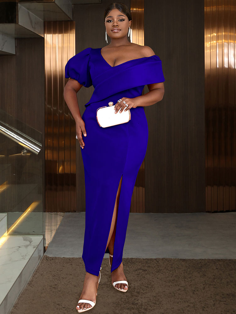 AOMEIDRESS Elegant Women Off Shoulder Bodycon Dress Puff Sleeve Slit