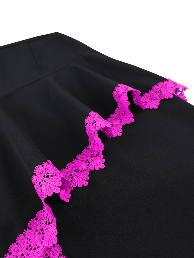 AOMEIDRESS Elegant Irregular A Line Skirt Color Block Pink Lace Trim