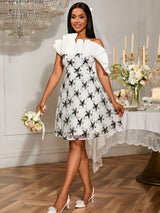 AOMEIDRESS Elegant Off Shoulder Dress Ruffle Neck Mesh Sequin Overlay