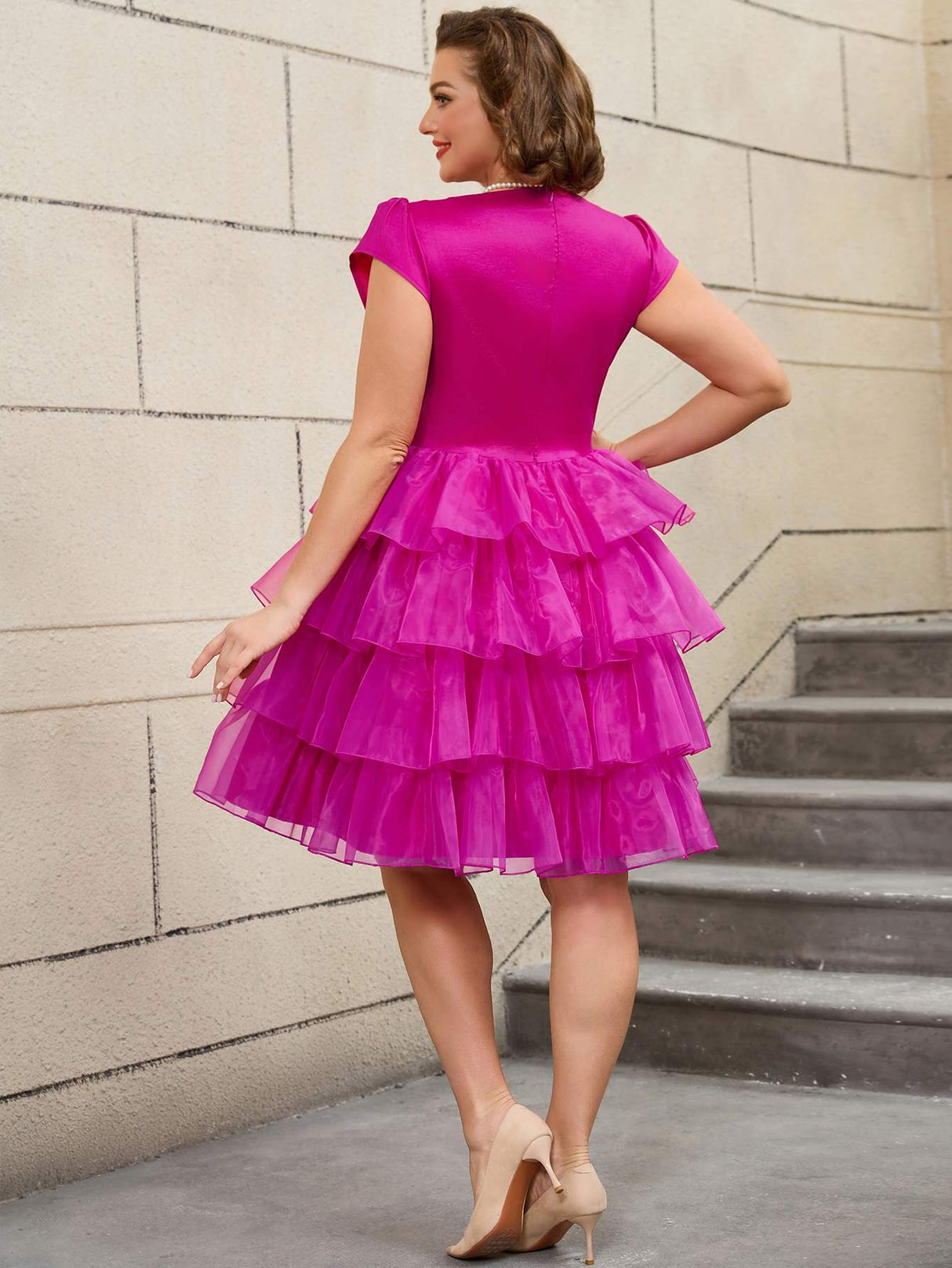AOMEIDRESS Retro Tiered Skirt A Line Dress with Feminine Bow and Soft Round Neckline

