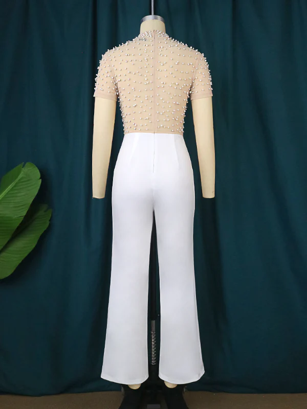 Women See Through Tops Beaded Wide Leg Jumpsuit