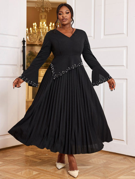 black v neck pleated dresses for women