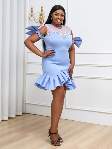 Blue Ruffles Beads Bowtie Party Dress Mini