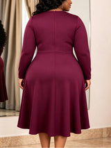 AOMEIDRESS Women Elegant Midi Dress O Neck Satin Bow Long Sleeve