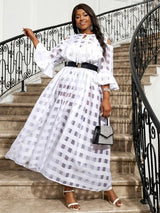 White Long Dresses for Women Gauze Plaid Perspective Flare Sleeves