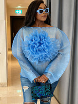 AOMEIDRESS Sheer Blue Mesh Top with 3D Floral Applique Wide Sleeves