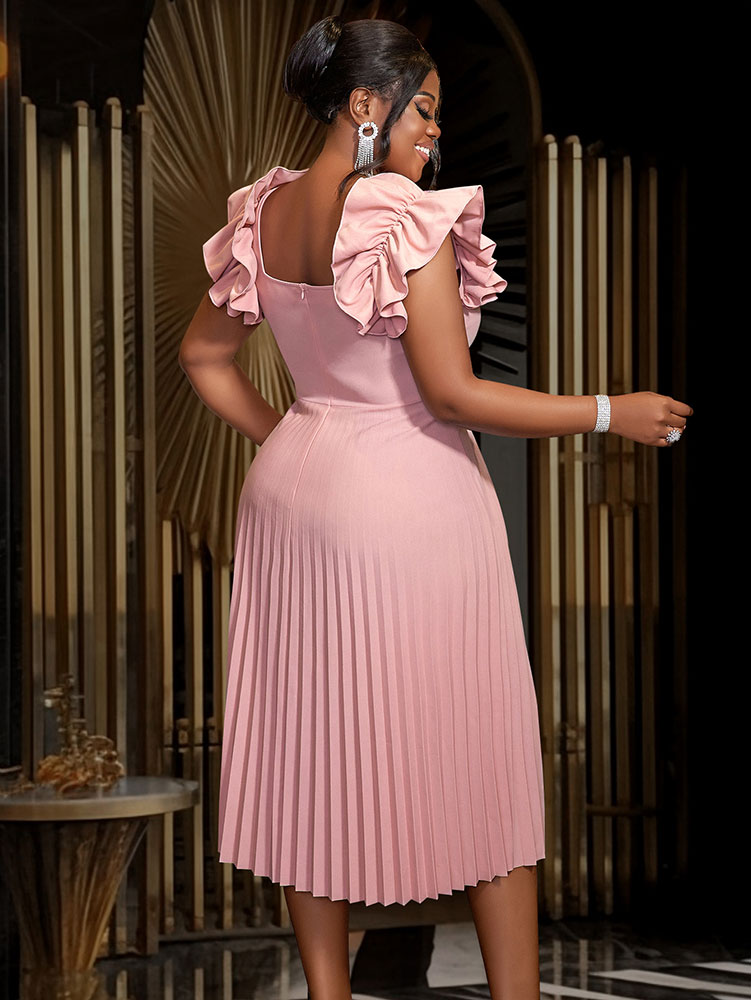 AOMEIDRESS A Line Pleated Dress Square Collar Sleeveless Ruffles