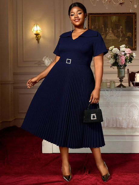 AOMEIDRESS A Line Church Dress V Neck Short Sleeve with Diamond Belt