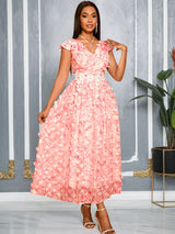 AOMEIDRESS Elegant Pink Wedding Guest Dress A Line 3D Floral Applique
