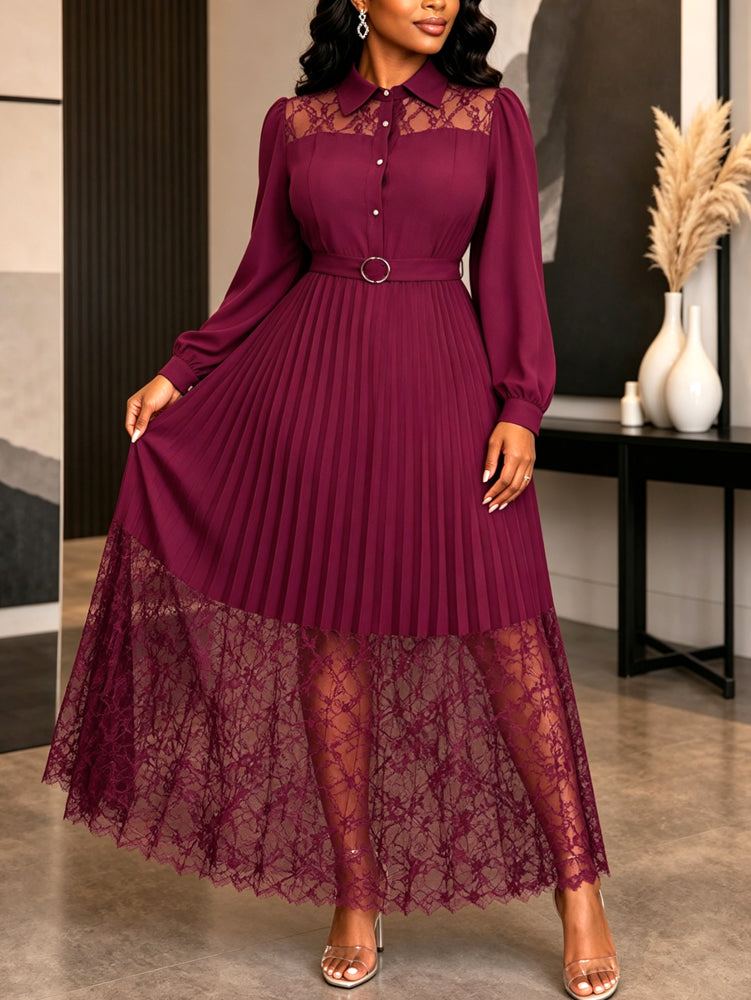 AOMEIDRESS Lace Pleated Dress Turn Down Collar Lantern Sleeve Button