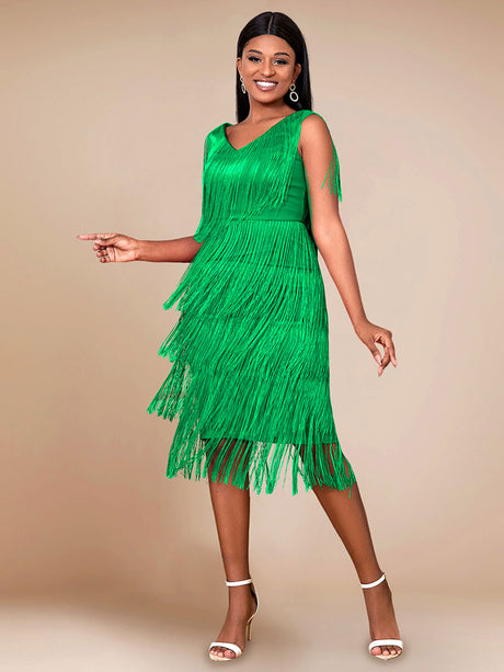 AOMEI Sexy V Neck Sleeveless Fringe Dress Mini