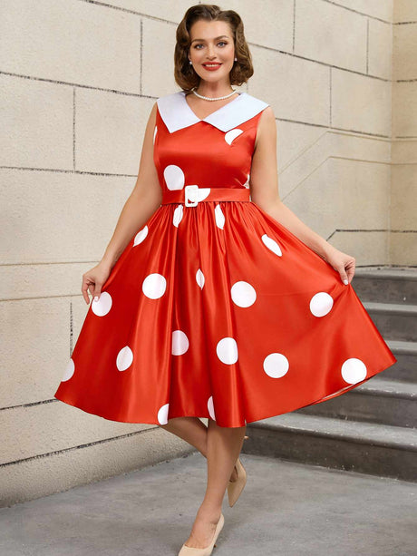 AOMEIDRESS Easter Dress Floral Lapel A Line 50s Swing Dress Red / S