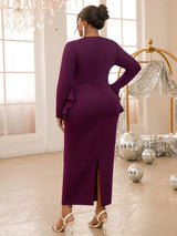 AOMEIDRESS Purple Pencil Dress Asymmetrical Neck Long Sleeves Ruffles