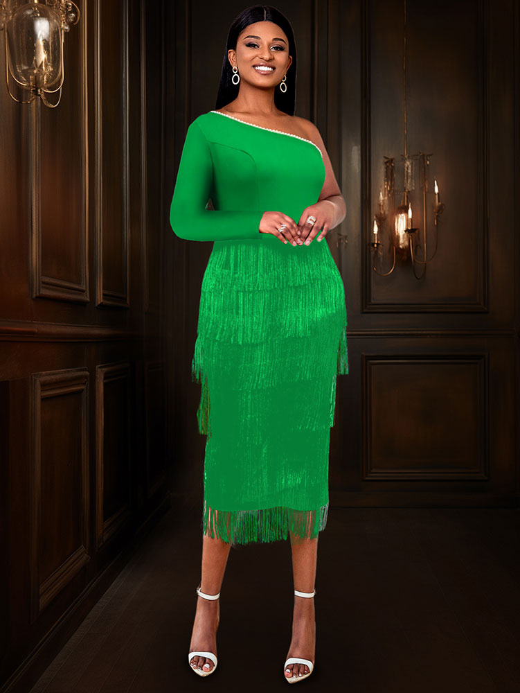 AOMEIDRESS Green Party Events Tassels Dresses For Women One Shoulder
