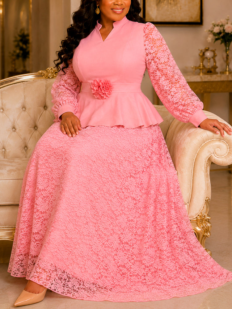 AOMEIDRESS Plus Size Church Two Piece Set Peplum Top with Lace Skirt