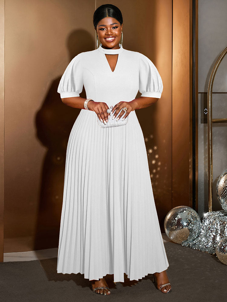 AOMEIDRESS Elegant A Line Maxi Pleated Dress for Office Church Cut out