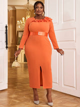 AOMEIDRESS Orange Maxi Dress O Neck Long Sleeves Tierred Ruffles