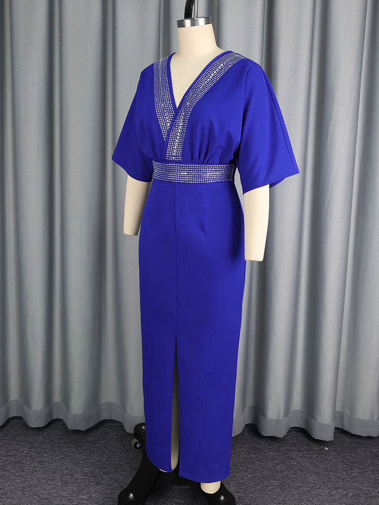AOMEIDRESS Blue Bodycon Dress V Neck Rhinestone Belt Slit for Party