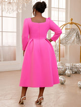 AOMEIDRESS Pink A Line Dress Square Collar Long Sleeve Lovely Bowtie