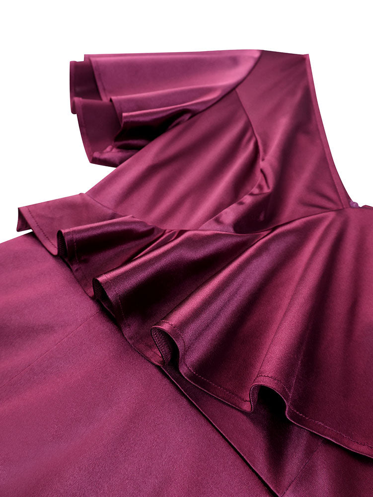 AOMEIDRESS Satin Package Hip Dress V Neck Ruffles Split Party Gown