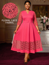 AOMEIDRESS Elegant A Line Midi Lace Dress for Party Church Waist Belt