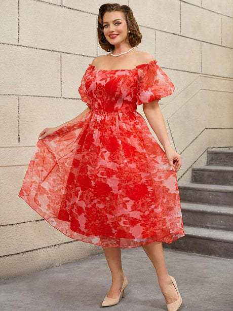 AOMEIDRESS 50s Swing Dress Off Shoulder Puff Sleeve Floral A Line Red / S