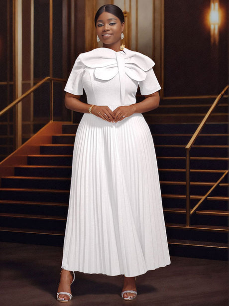 AOMEIDRESS Rose Pleated Dress O Neck Short Sleeves Big Bow High Waist White / S
