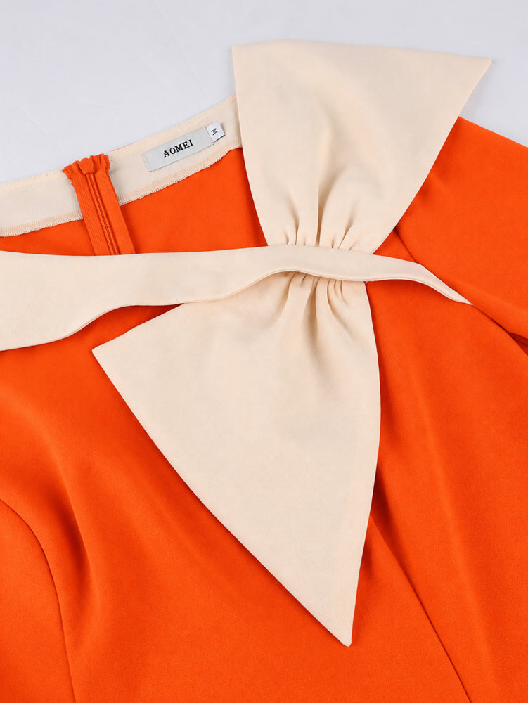 AOMEIDRESS Colorblock Mermaid Dress Irregular Bow Neck Long Sleeves
