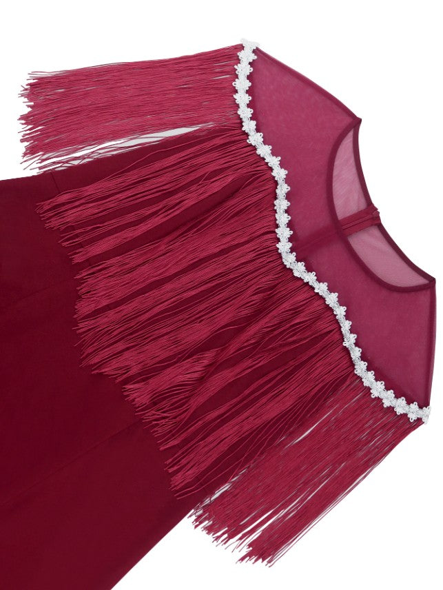 AOMEIDRESS Burgundy Party Dresses O Neck Tulle Patchwork Fringe