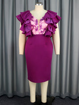 AOMEIDRESS Purple Dress V Neck Printed Mesh Patchwork Ruffles Sleeve