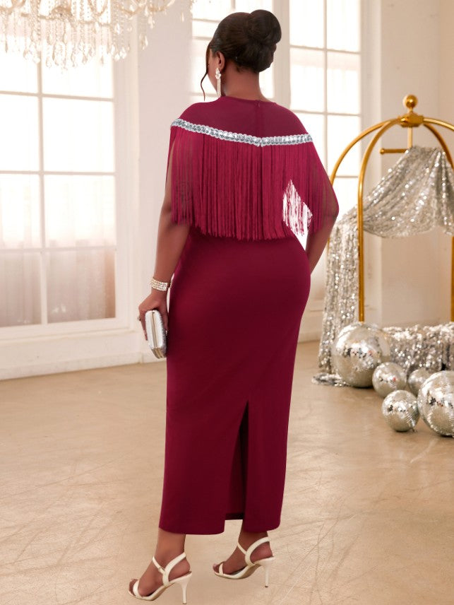 AOMEIDRESS Burgundy Party Dresses O Neck Tulle Patchwork Fringe