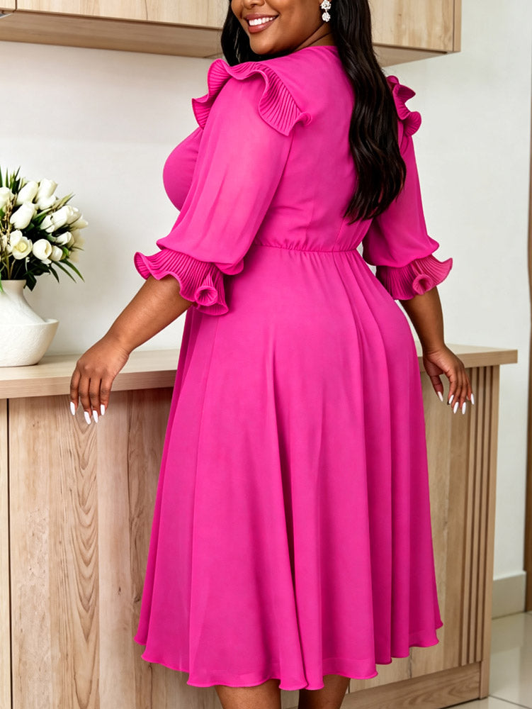 AOMEIDRESS Chiffon Dress Cut Out Neck 3/4 Ruffles Puff Sleeves Belt