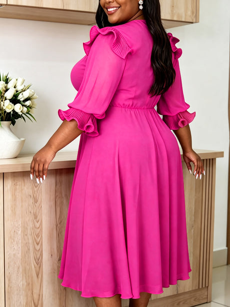 AOMEIDRESS Chiffon Dress Cut Out Neck 3/4 Ruffles Puff Sleeves Belt