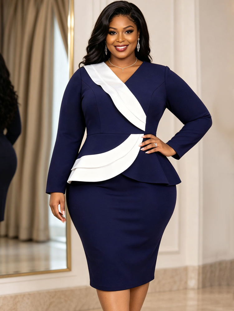 AOMEIDRESS Women Bodycon Dress V Neck Long Sleeve Ruffle Peplum