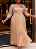 AOMEIDRESS Pleated Chiffon Dress with Shiny Mesh 3D Flower Belt Party