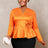 AOMEIDRESS Elegant Tops V Neck Long Sleeves with 3D Flower Peplum Hem Orange / S