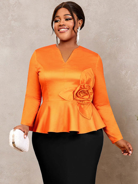 AOMEIDRESS Elegant Tops V Neck Long Sleeves with 3D Flower Peplum Hem Orange / S